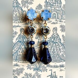 Blue Metallic AB Flower Crystal & Fire Polished Blue Czech Beads Dangle Earrings